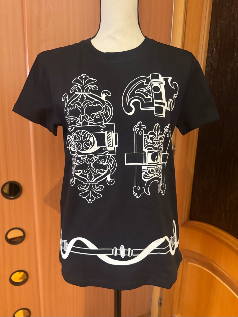 Black Graphic Tee with White Ornate Print